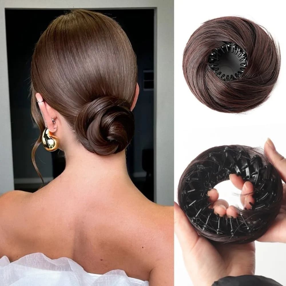 Synthetic Hair Clip in Hair Bun Straight Texture Circle Elastic Clips Hair Bun Extensions Messy Mini Bird's Nest Shaped Bun
