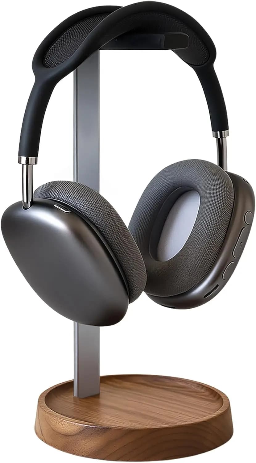 Supporto per cuffie in legno di noce con base portaoggetti, supporto universale da scrivania per cuffie da gaming e musicali
