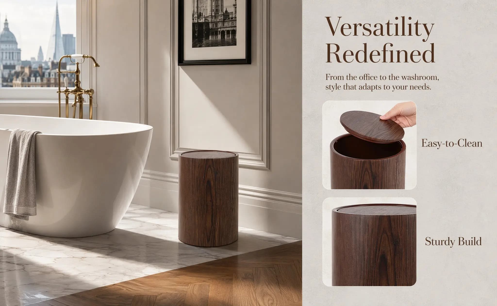 Large Capacity Retro Wood Grain Trash Can PP Material Decorative Waste Basket for Kitchen Bathroom Office Bedroom Living Room