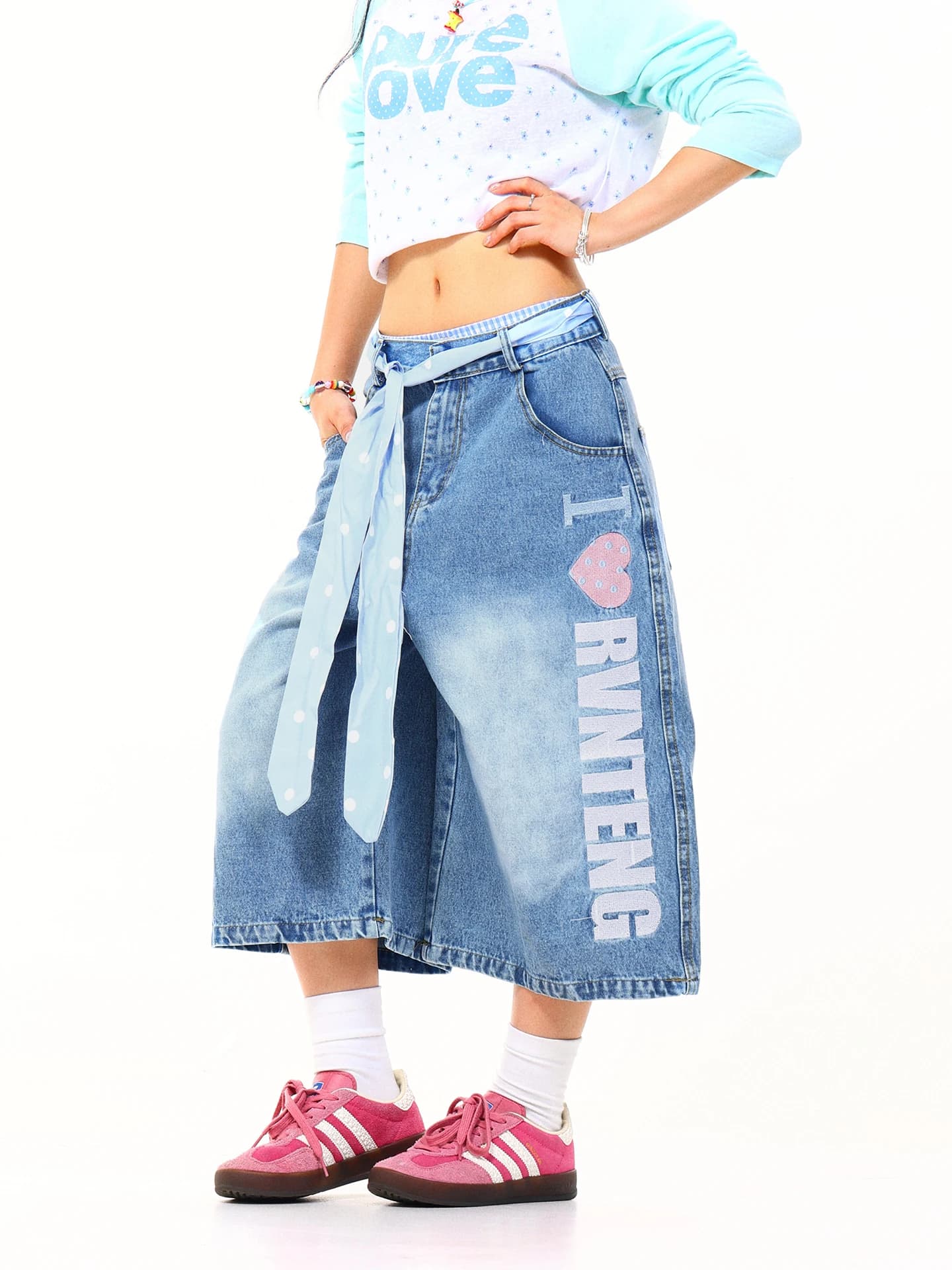 Light Blue American Style Heart Print Seven-Foot Jeans Women Summer Loose Jeans Trendy High Waist Wide Leg Denim Pants