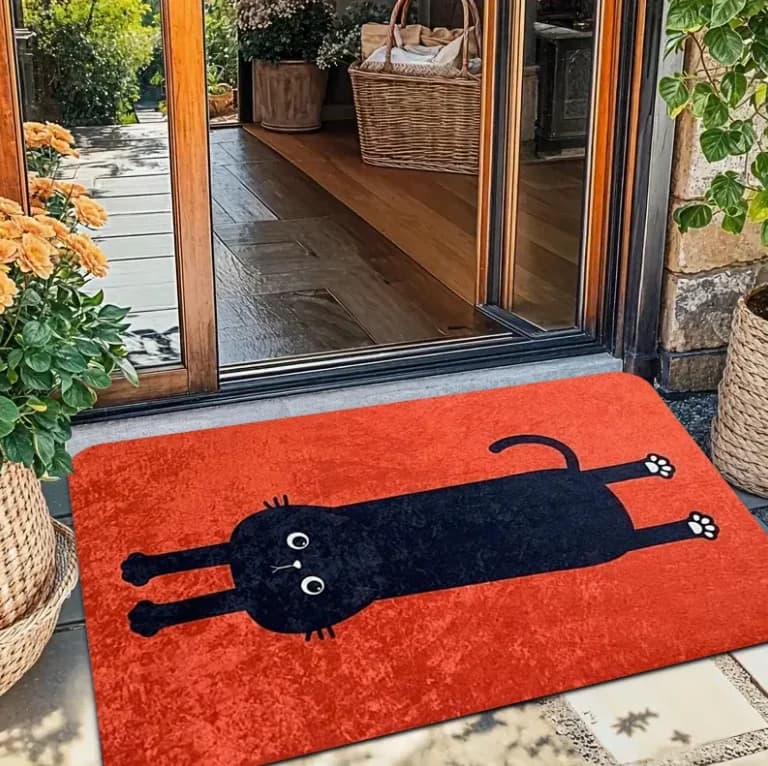 Tappeto di benvenuto con motivo gatto nero - Tappeto d'ingresso arancione vivace, decorazione per la casa, per soggiorno, camera da letto, ingresso, corridoio