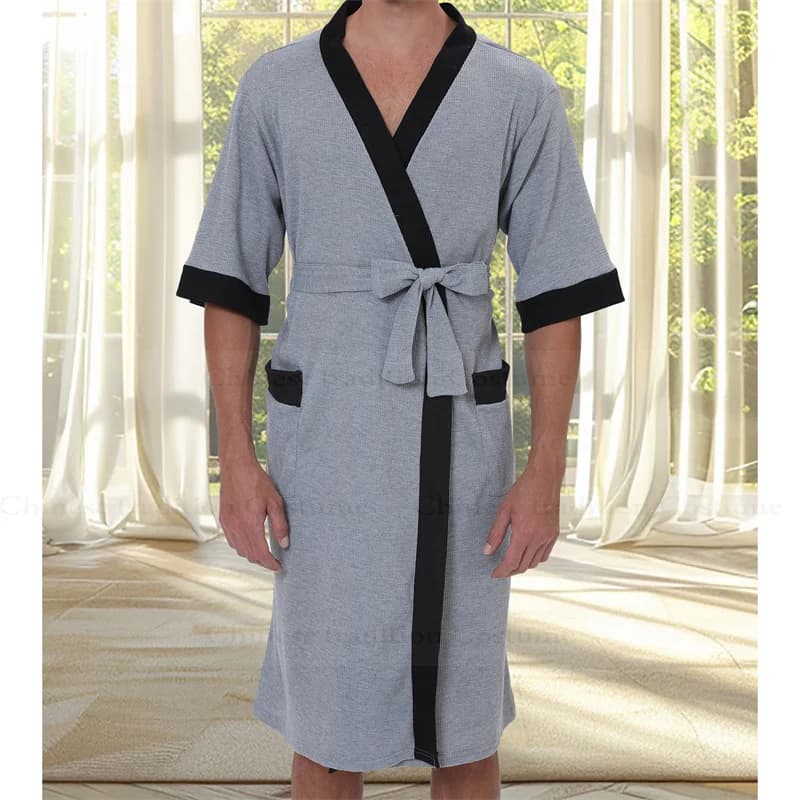 Uomo Abito grigio Waffle Accappatoi Manica corta Kimono Camicia da notte Pigiama morbido Abito da doccia Abito da uomo Homewear Abbigliamento da notte Pigiama