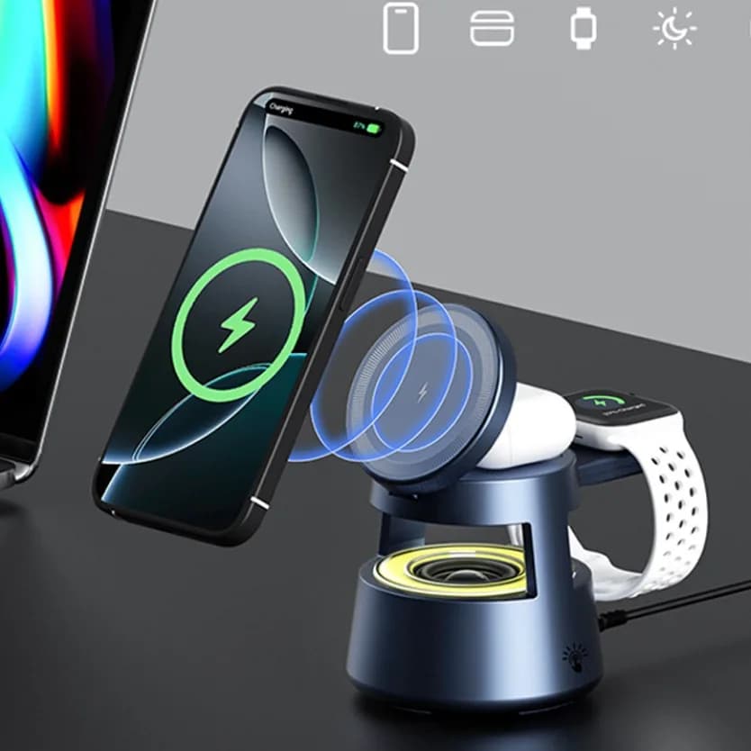 Luce notturna magnetica LED caricabatterie wireless supporto altoparlante Bluetooth 5 in 1 per iPhone 16 15 14 13 12 Apple Watch 9 8 Airpods Pro