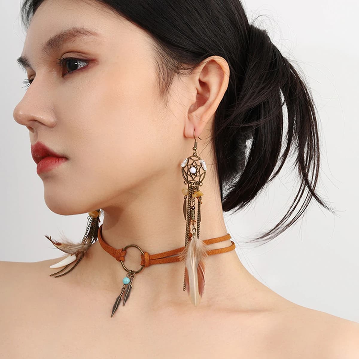 Boho Choker Dream Catcher Earrings Set Women Retro Long Feather Tassel Earrings Brown Leather Leaves Pendant Necklace Jewelry