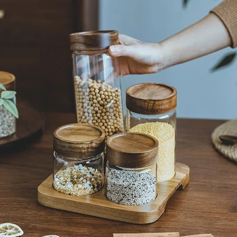 Coperchio in legno Orgnizer contenitore ermetico in vetro bottiglie per la conservazione della cucina barattolo Dispenser per contenitori per alimenti sigillato con Set di Base