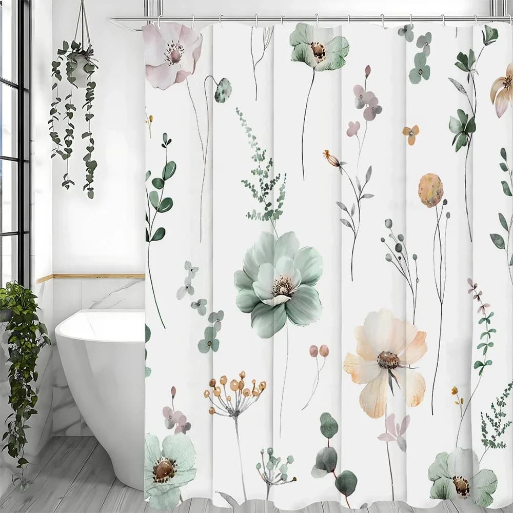 Tenda da doccia con piante di fiori primaverili, tenda da doccia decorativa per bagno, tenda da doccia impermeabile con ganci 180x200 cm