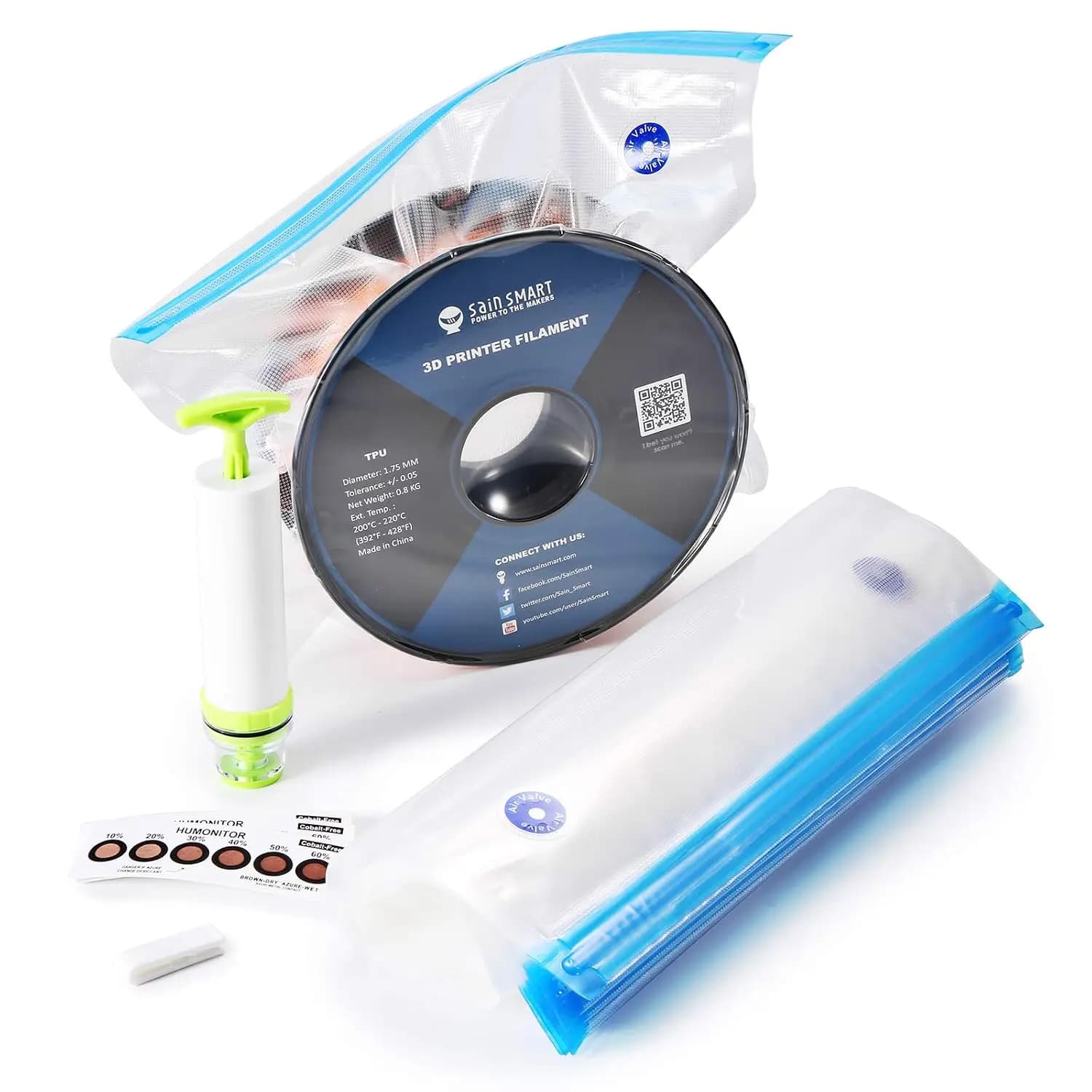 3D Printer Filament Storage Kit - 10 Vacuum Bags with 15 Desiccants, 15 Humidity Cards & Hand Pump, Keep Filament Dry