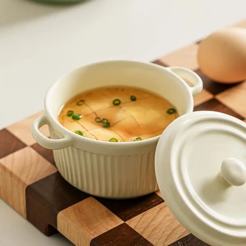 Ciotola in Ceramica per Uova al Vapore, Piccola Ciotola per Zuppa con Coperchio, Casseruola per Friggitrice ad Aria, Ciotola per Riso con Doppio Manico