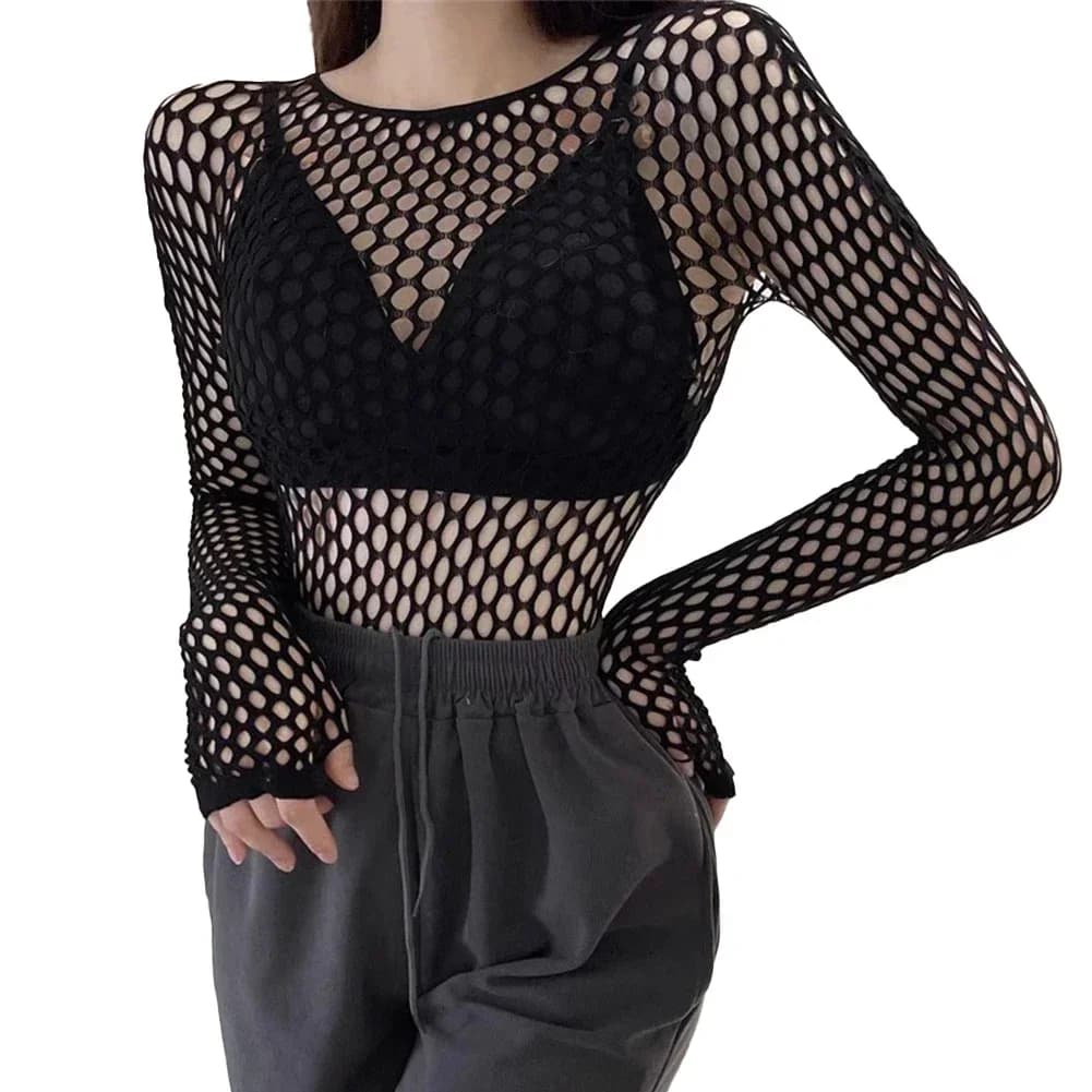 2025 New Womens Sexy Mesh Long Sleeve Fishnets Tops Fun Fashion Slim Fit Tops Hollow Out See Through Loose Female T-shirts