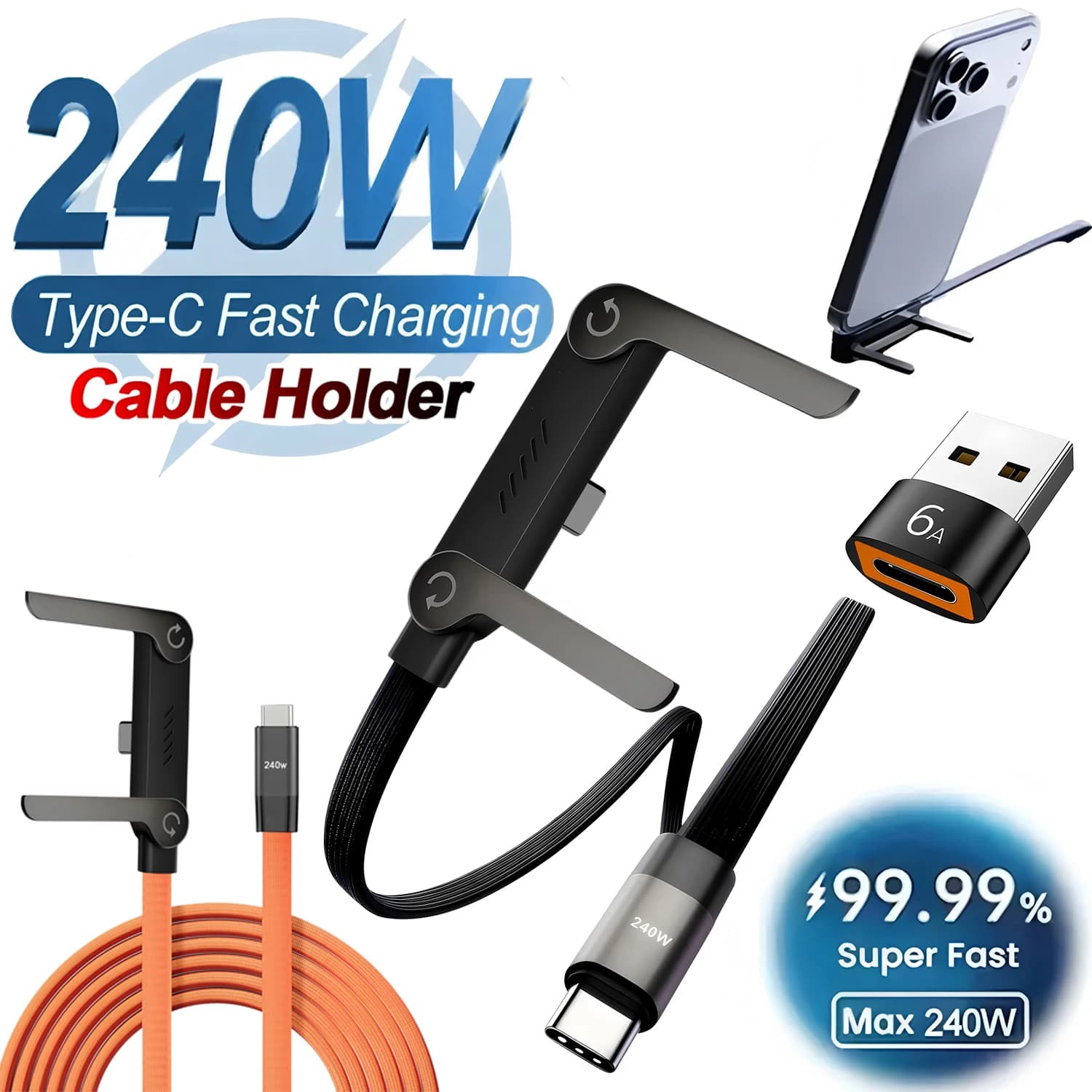 Cavo USB Type-C 2-IN-1 per Ricarica Rapida e Trasferimento Dati, Supporto Pieghevole per Telefono, 240W, Multifunzione, Cavo USB Type-C a PD