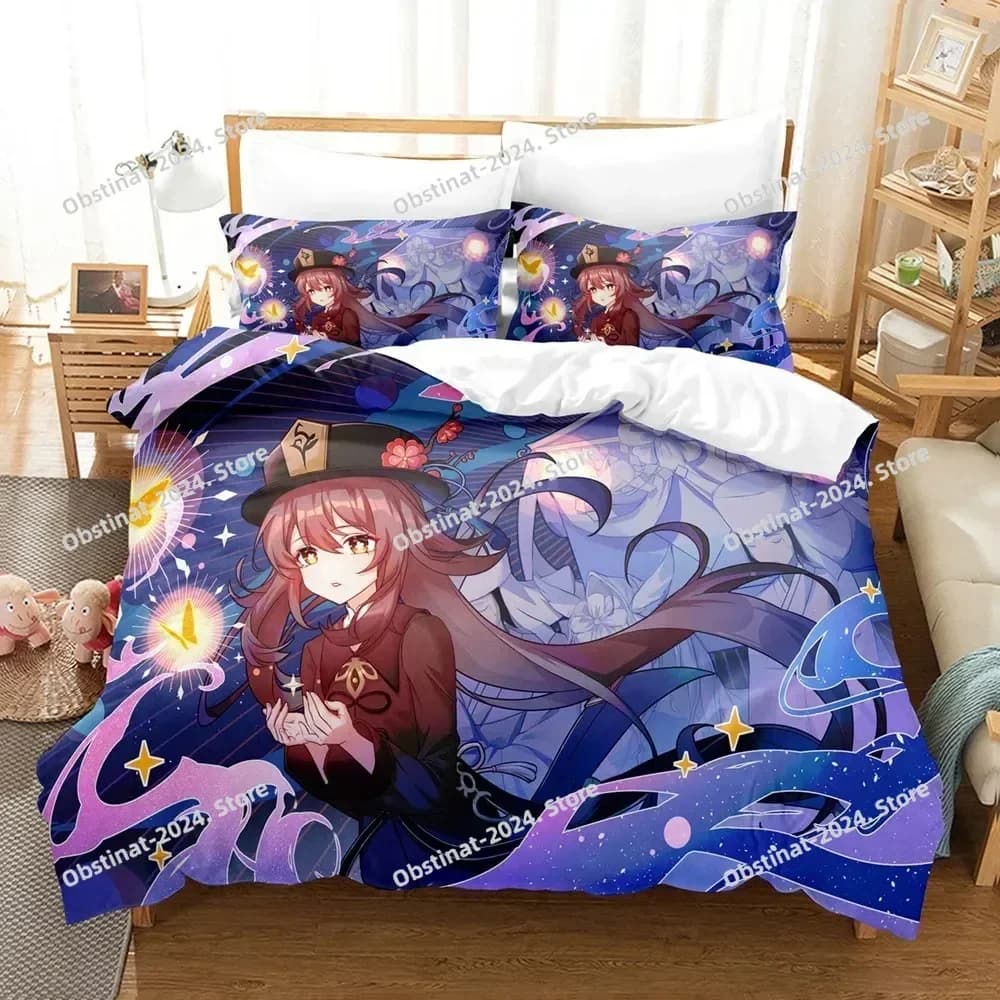 Hu Tao Set biancheria da letto Genshin Impact Copripiumino Gioco 3D Tessili per la casa con federa per adolescenti Adulti Bambini Uomini Donne Arredamento camera da letto