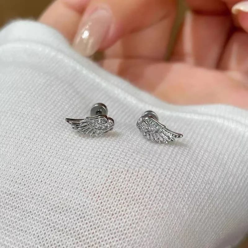 1pair Shiny Crystal Wing Stud Earrings for Women Silver Hypoallergenic Cross Ear Screw Back Piercing Cartilage Jewelry Gift