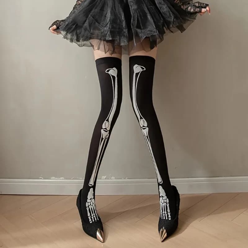Calzini al ginocchio con motivo scheletro scuro Harajuku Donna Ragazza Punk gotico Streetwear Goth JK School Casual Retro Fossil Leg Bone Long