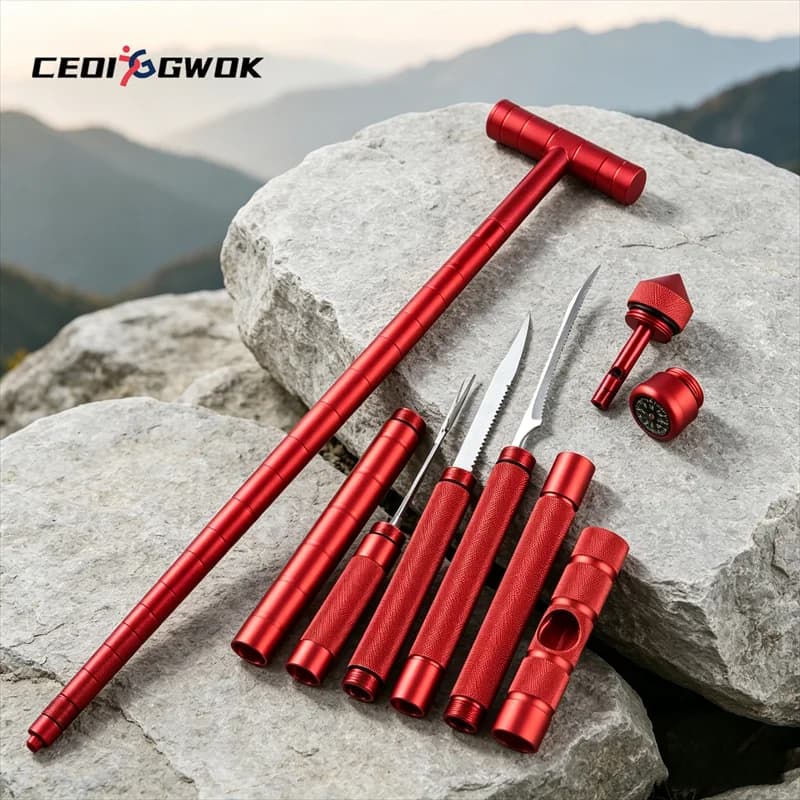 CEOI GWOK Lightweight Aluminum Folding Trekking Pole with Compass Detachable Multifunctional Hiking Stick for Outdoor Adventure