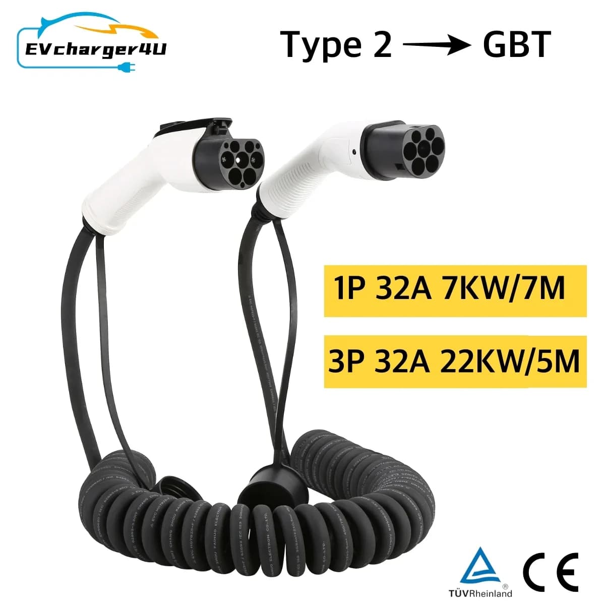 EVcharger4U 5M/7M Cavo di ricarica EV a spirale IEC62196 Tipo 2 a GBT 7KW 22KW 1 fase trifase 32A per stazione di ricarica per veicoli EVSE