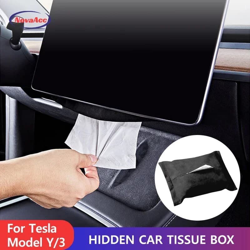 NovaAcc per Tesla Model Tesla Model Y 3 XS S Scatola per fazzoletti per auto con pelle scamosciata sotto lo schermo Borsa per riporre fazzoletti Accessori interni
