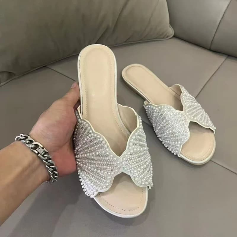 Sandali Estivi da Donna con Punta Aperta, Ciabatte Comode da Spiaggia Casual con Conchiglie e Diamanti, Ciabatte Basse Decorate