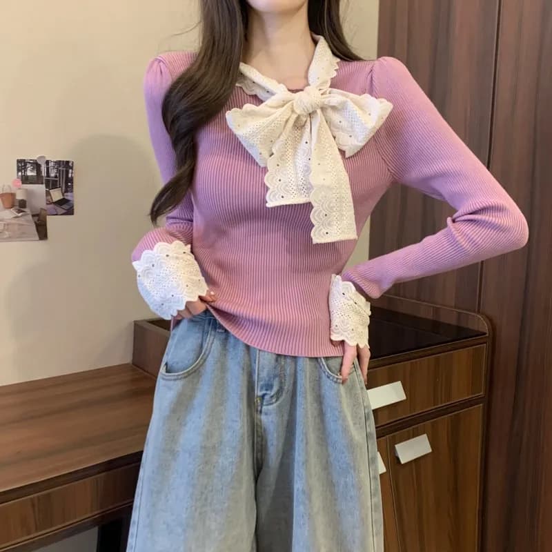 2025 Top a maniche lunghe con lacci e fiocco alla moda in stile francese per le donne Nuovi eleganti pullover lavorati a maglia solidi sottili Wh1