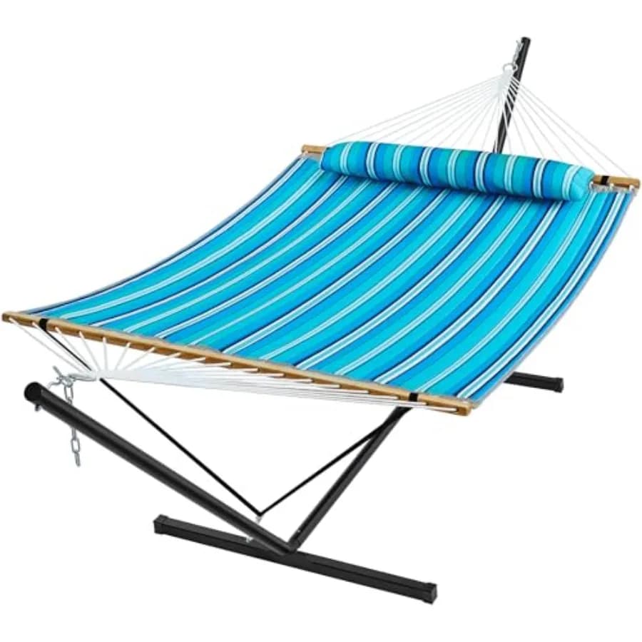 Hammock with Stand, 2 Person Quilted Outdoor Hammock, Detachable Pillow and Bamboo Spreaders, Portable Hammock with Carrying Ba