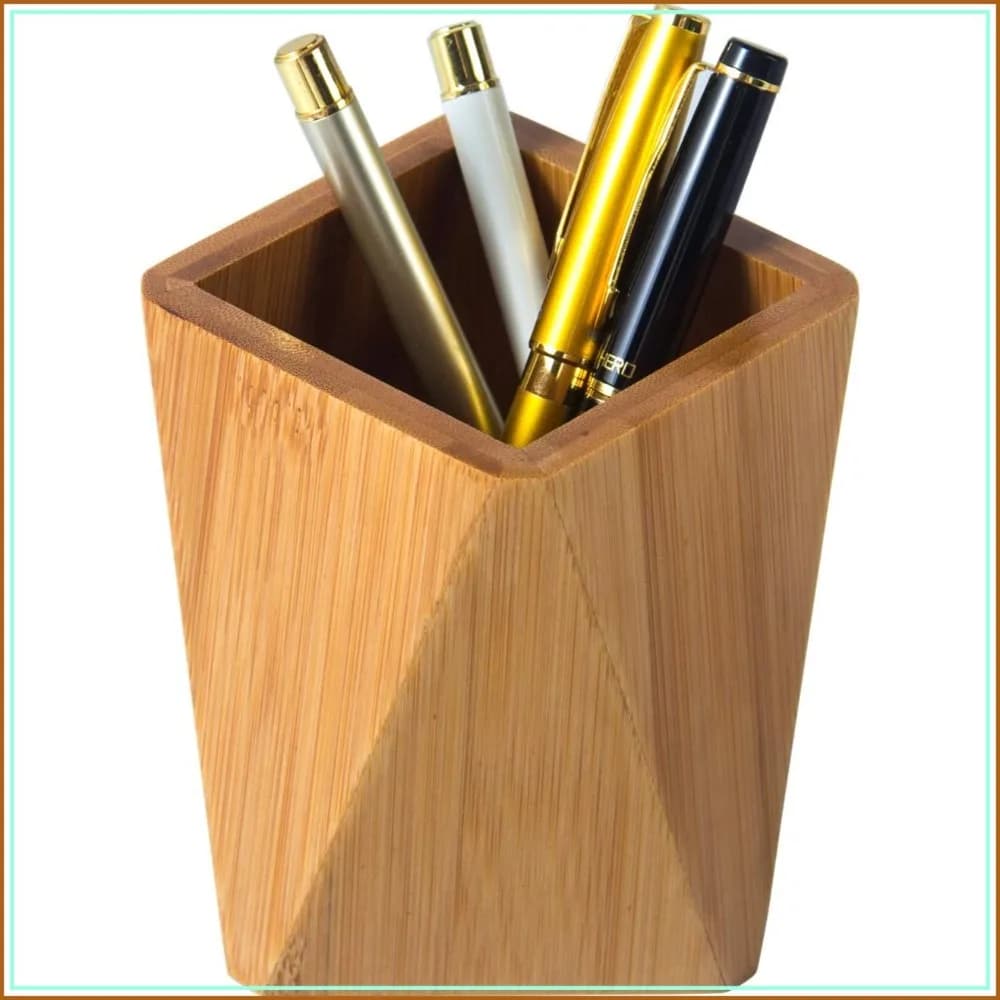 Bamboo Pen Holder for Desk Geometric Pencil Cup Organizer with Large Capacity for Office Supplies and Makeup Brushes