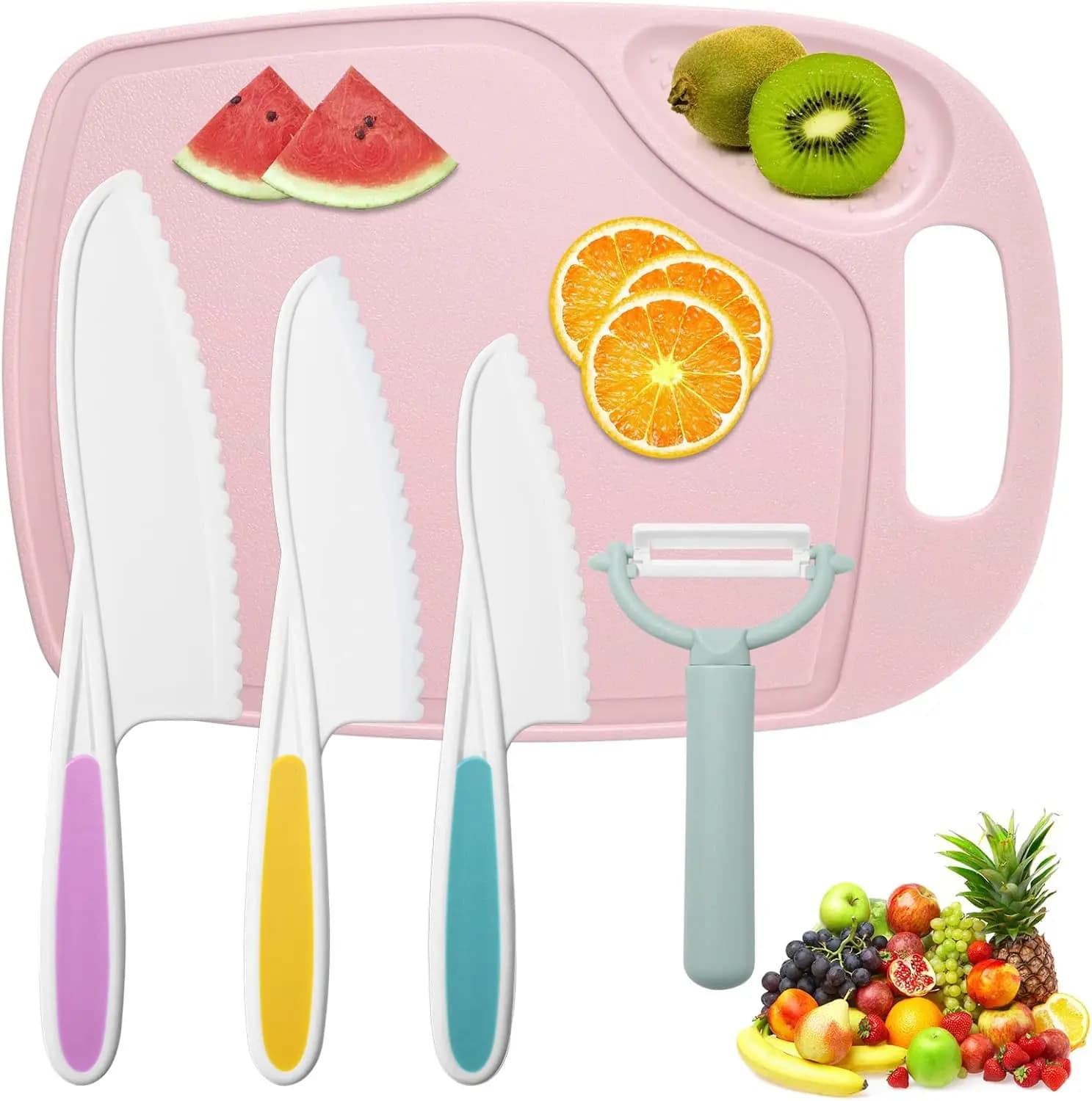 Set of plastic fruit knives with cutter and peeler: safe nylon kitchen kit for food use from 5 pieces for safe preparation of fruits and vegetables, Serrat