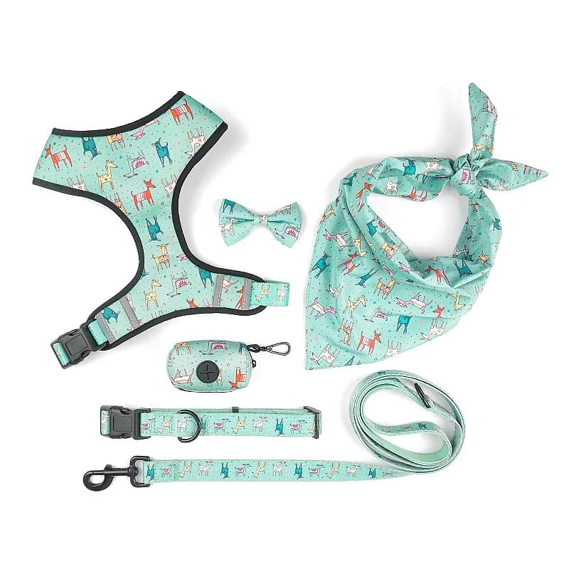 Set di guinzaglio e collare per cani, collare regolabile con papillon, set di sacchetti per la cacca e foulard triangolare per cani con stampa carina, prodotto per animali domestici