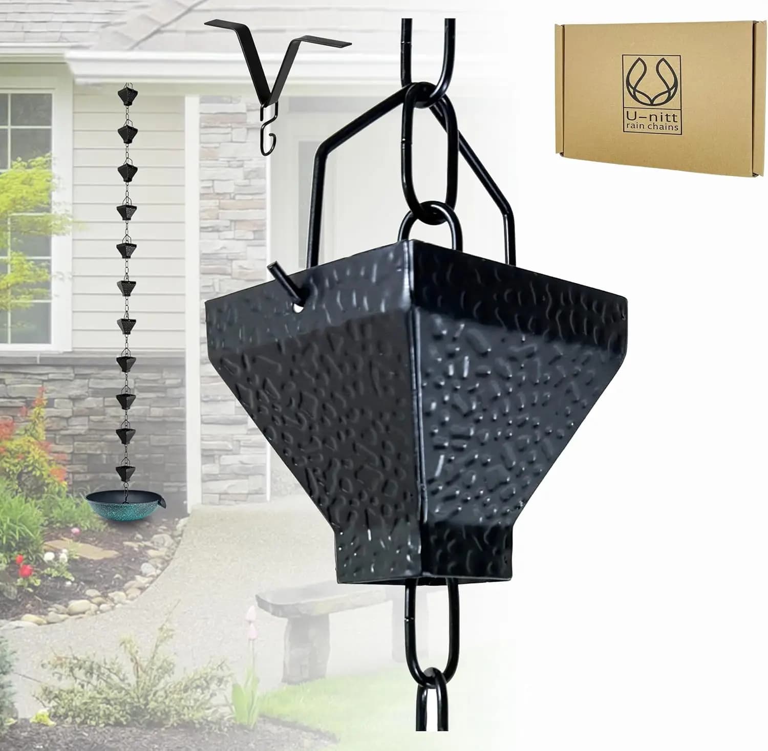 Catena per la raccolta dell'acqua da pioggia da 8,5 piedi con coppette quadrate, per la raccolta dell'acqua dalle grondaie, deviatore per forte pioggia e decorazione da giardino