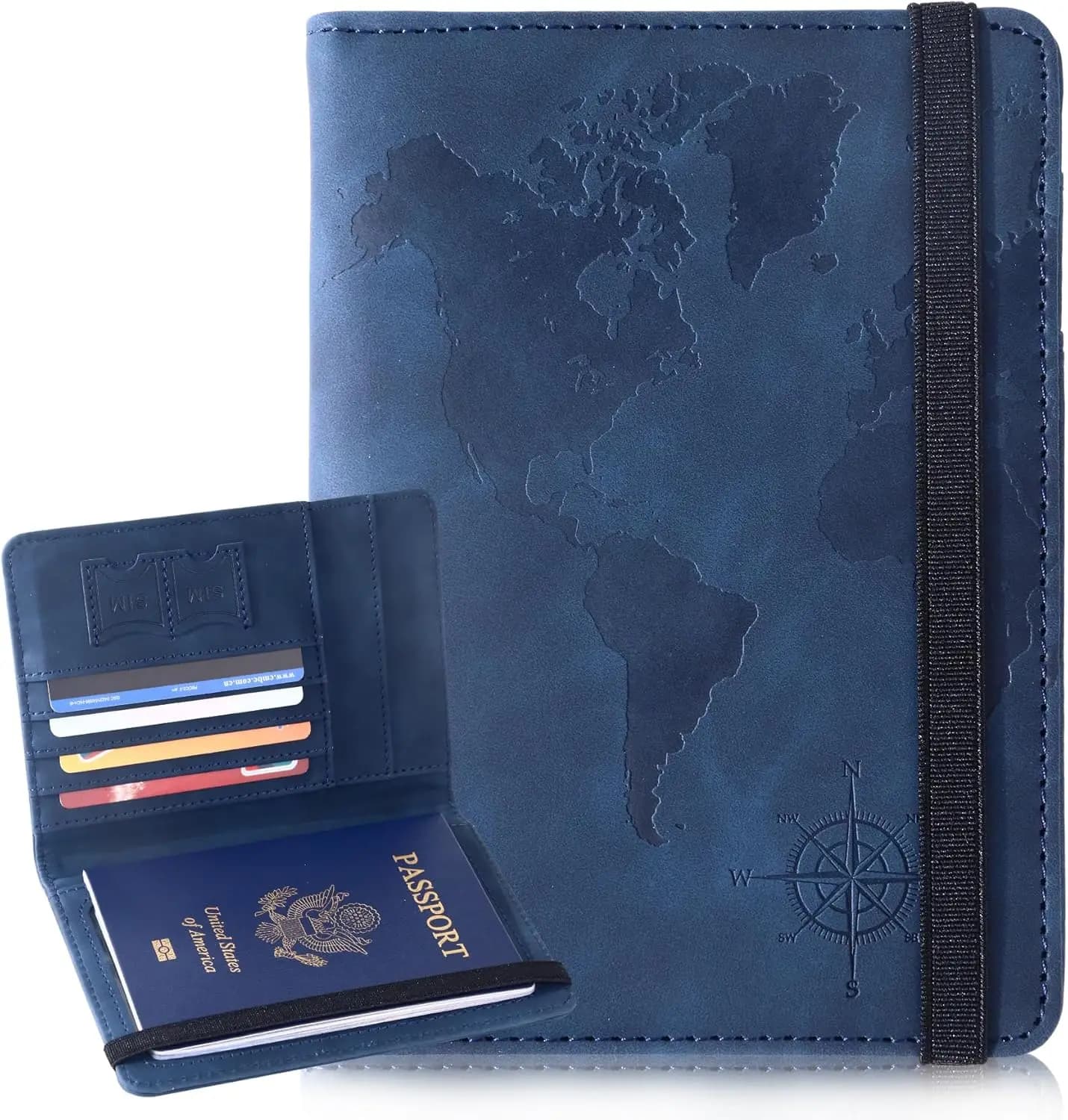 Porta Passaporto in Pelle con Protezione RFID e Scomparti per Carte, Portafoglio da Viaggio Personalizzato per Uomo e Donna in Blu Mappa