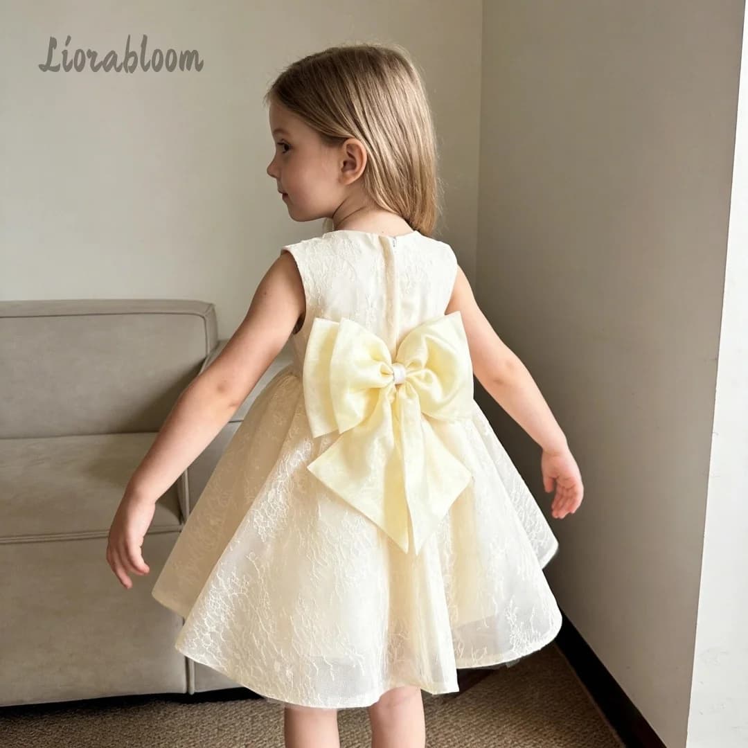 Abito da Cerimonia Lungo per Bambina con Fiocco Grande Personalizzato, Vestito da Damigella in Pizzo, Abito da Festa di Matrimonio