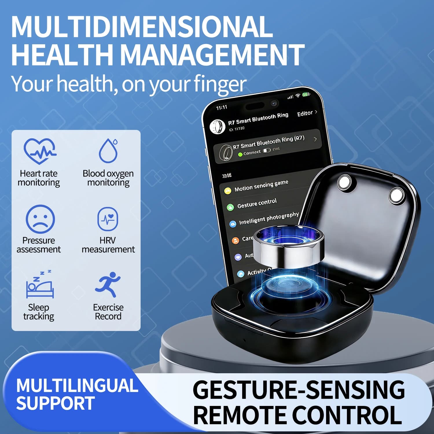 Smart R7 Ring for Multidimensional Health Management with App, Cardiaca Frequency Monitoring, Oxygen in Blood, Pressure, Sleep, Waterproof, Compatible with Android and iOS