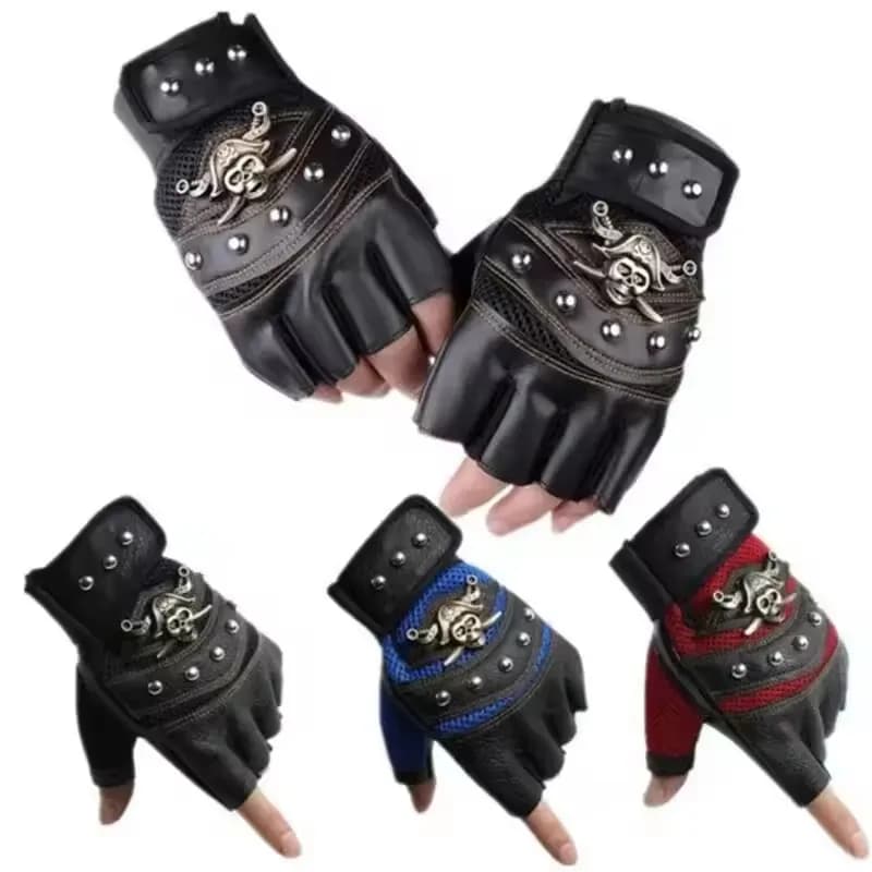 Half finger gloves with skull with pirate rivet for waterproof portable fitness gloves for hip-hop unisex motorcycles in PU leather