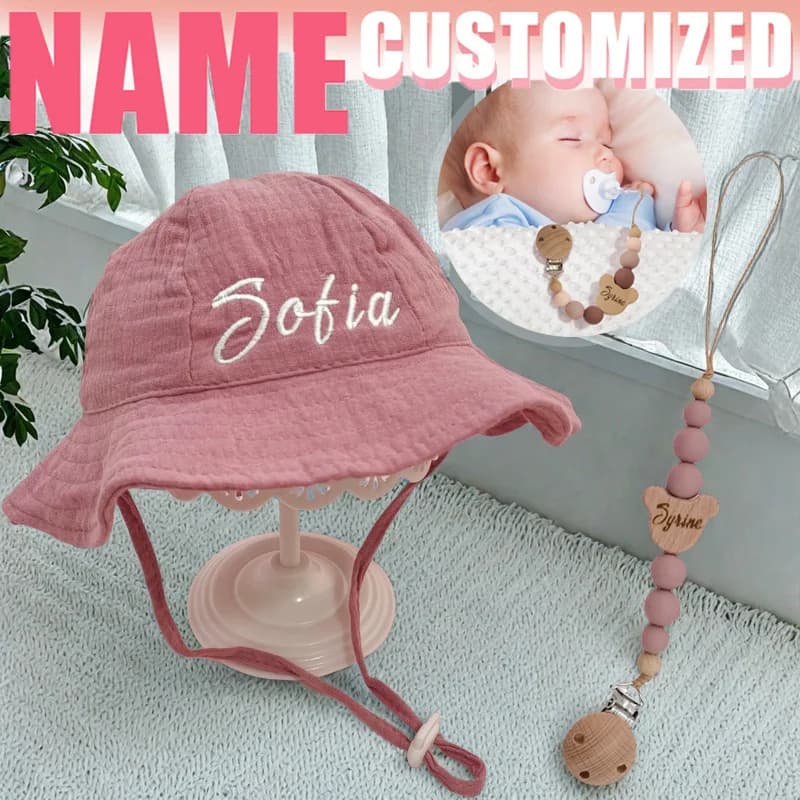 Set of 2 baby hats with custom name and pacifier clip, organic cotton adjustable sun cap for unisex nursery accessories