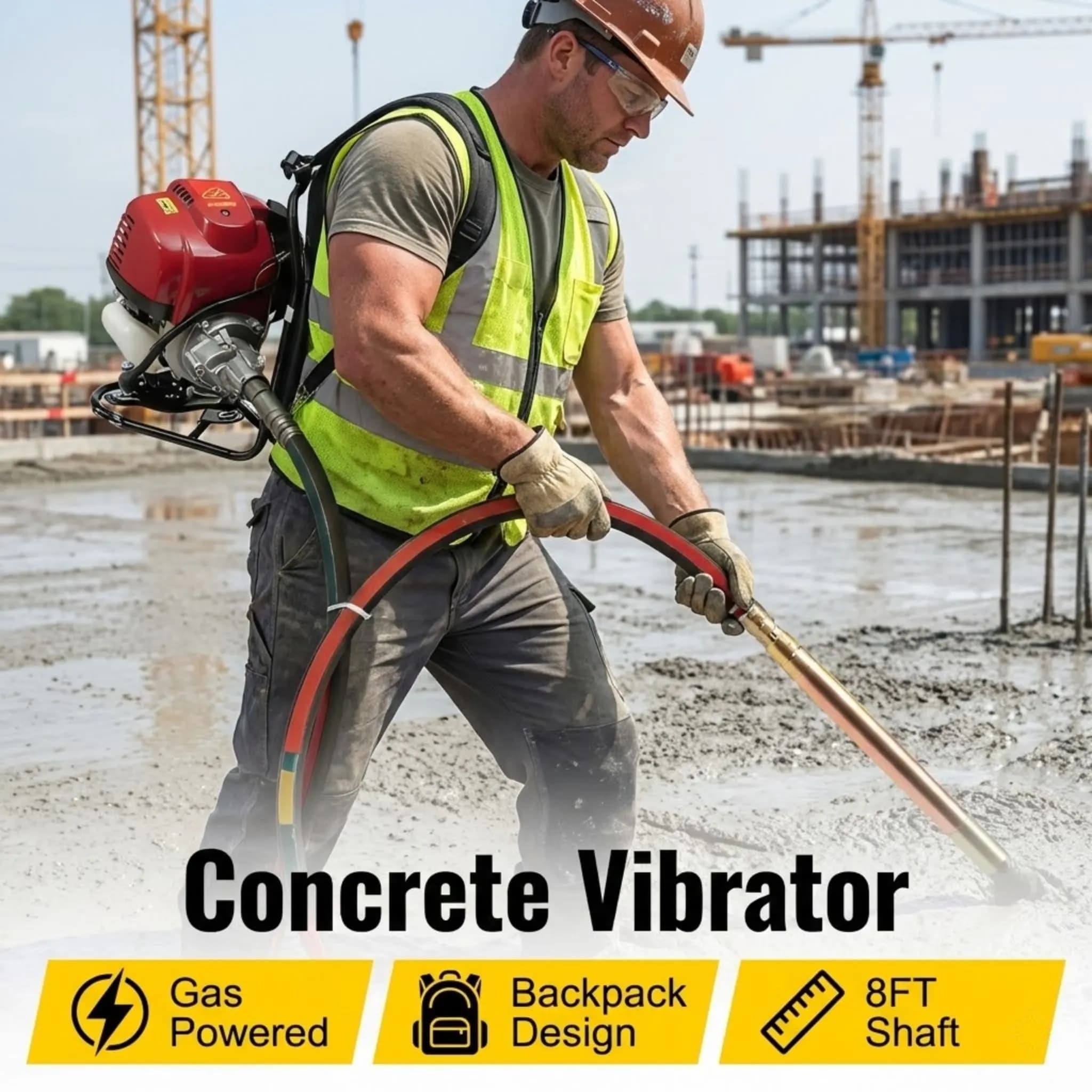 Concrete vibrator for foundation castings, backpack type, GX35 4-stroke motor with 8-foot shaft, light design