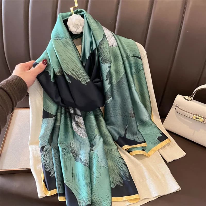 Silk Scarf with Green Lotus Print Vintage Women's Elegant Shawl Classic Beach Towel in Outdoor Windproof Satin 180*90Cm