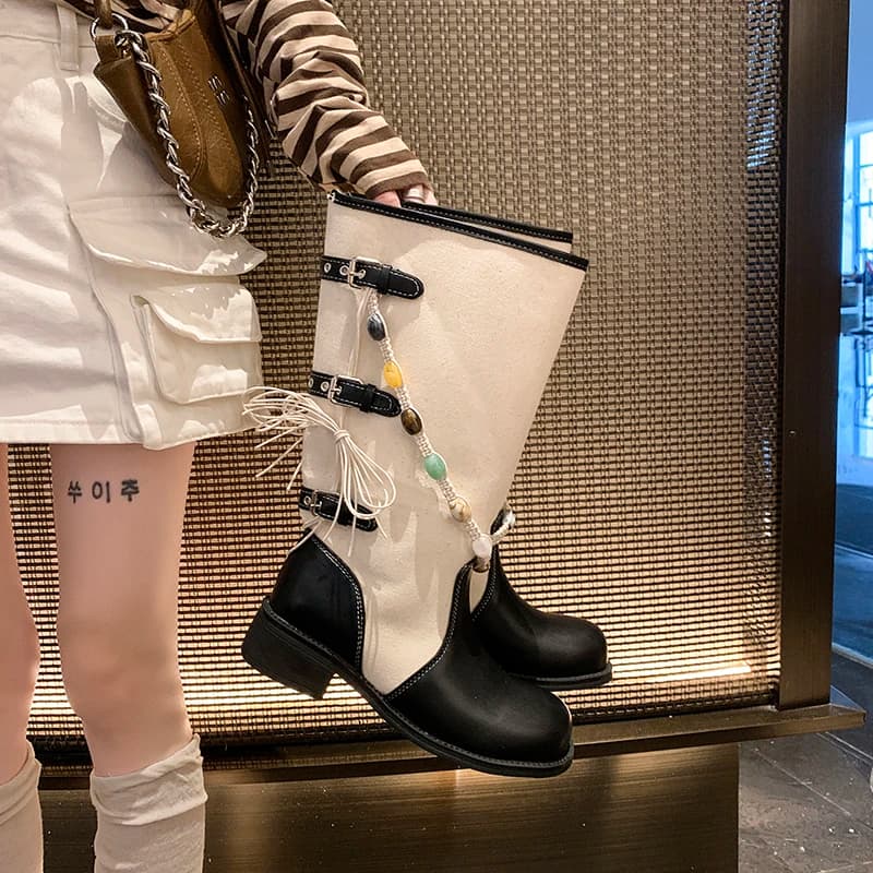 2026 New Retro Patchwork Western Cowboy Boots for Women, Wide Shaft, Chunky Heel, Square Toe Rider Boots
