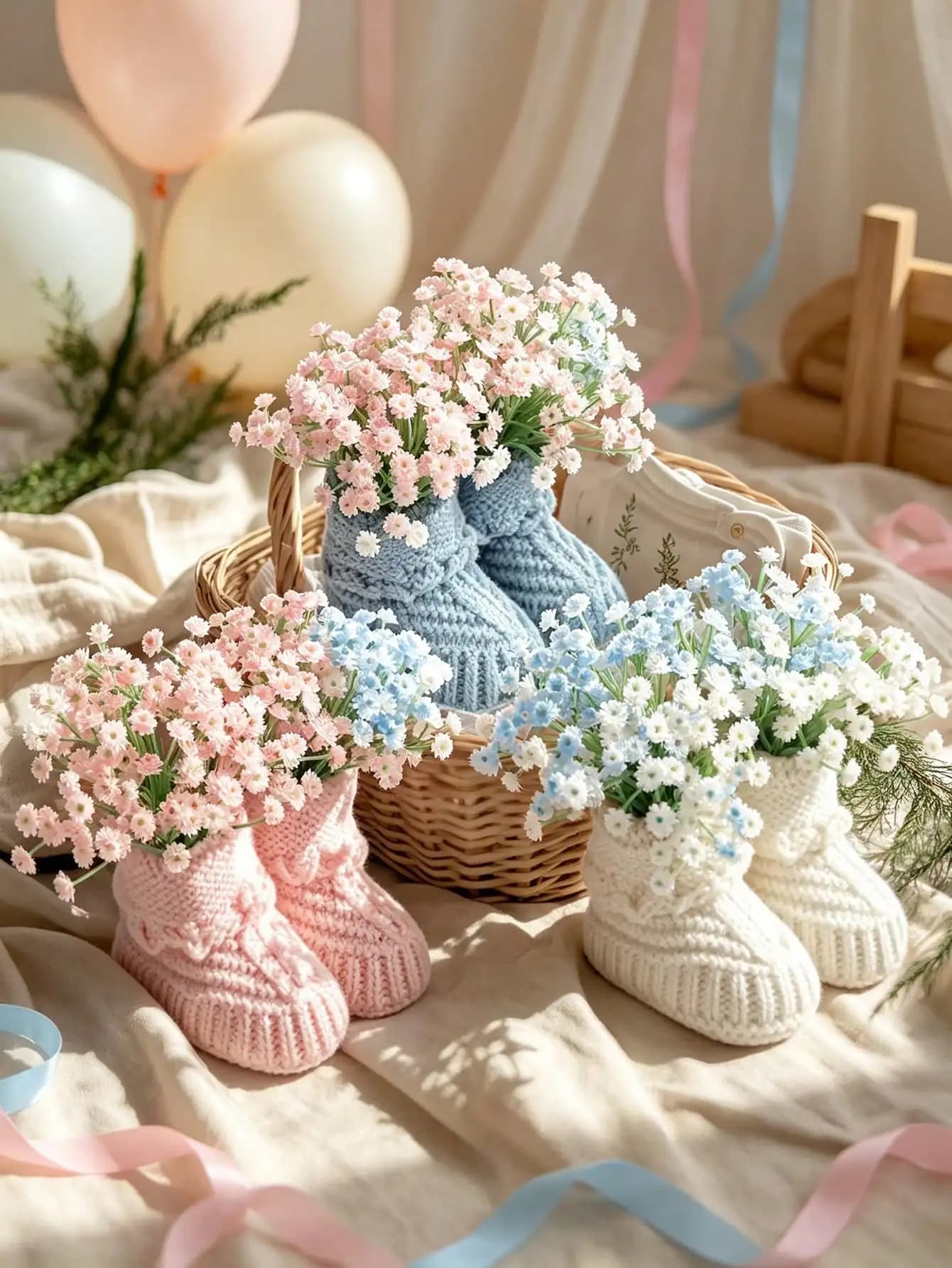 1 Pair Blue Pink Gender Reveal Party Knitted Baby Yarn Shoes Party Decorations 3.94inch Hook Needle Baby Boots Perfect for Baby