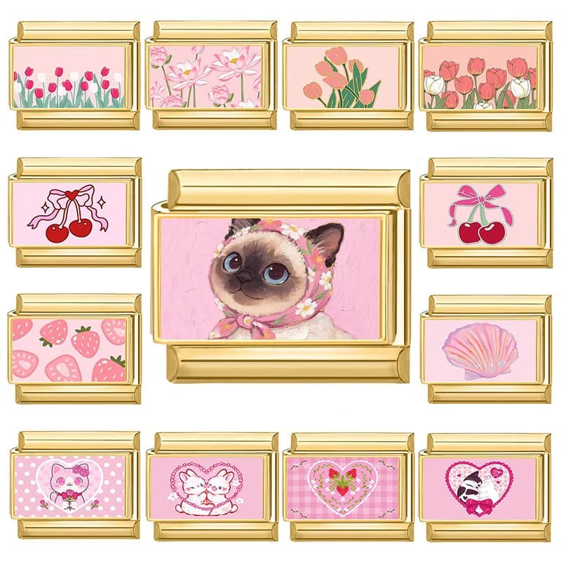 Y2K Pink Series Super Cute Cats Rabbits Tulip Lotus Cherry Golden Italian Charm Link Fit 9MM Stainless Steel Bracelet DIY Making