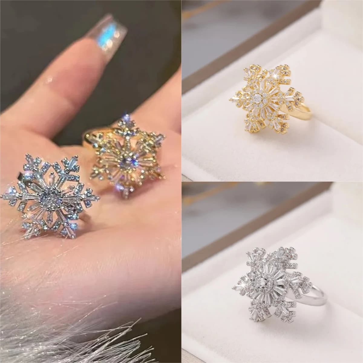 Anello girevole di lusso leggero di fascia alta con fiocco di neve, regalo creativo di gioielli resistenti alla pressione con zirconi per le donne