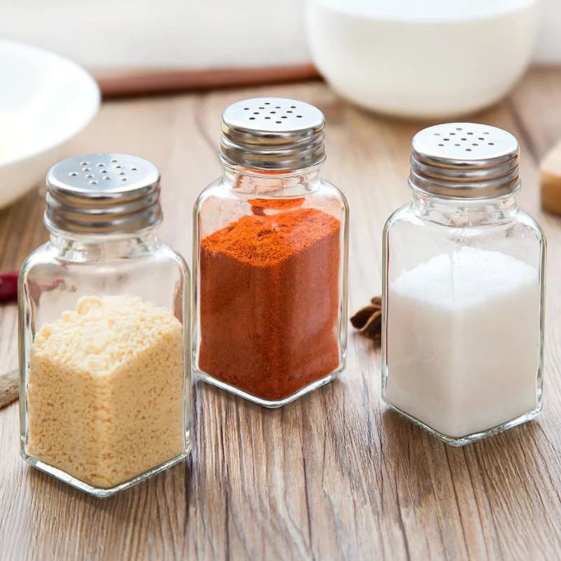 Set di Barattoli in Vetro per Spezie da Cucina, Bottiglie per Condimenti da Barbecue con Coperchio, Saliera e Pepiera, Mini Contenitori per Spezie