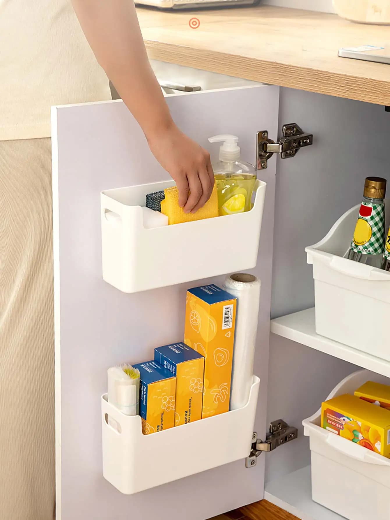 Punch Free Cabinet Door Organizer Plastic Wall-mounted Storage Box Sponge Holder Kitchen Storage Organization For Cling Film