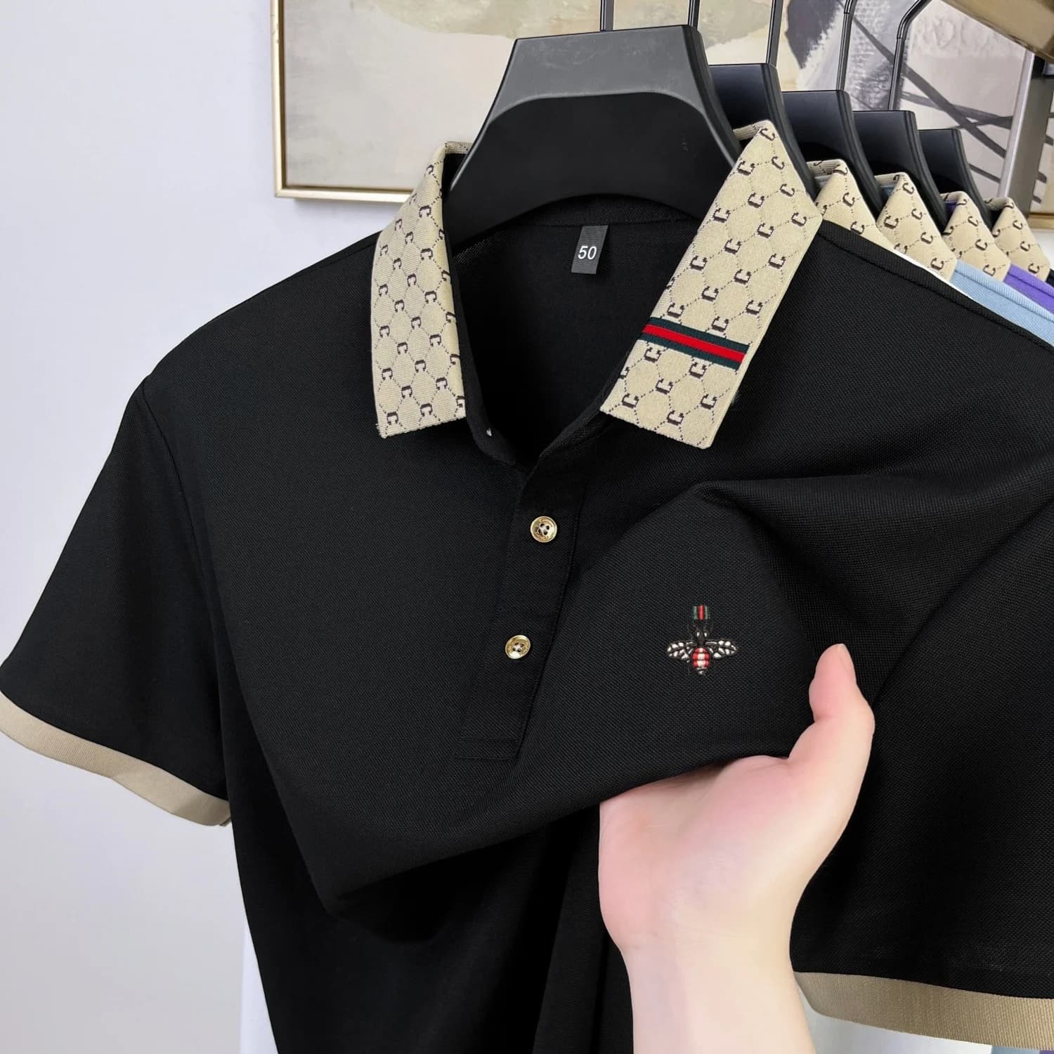 Personality Letter Jacquard Lapel Short Sleeve T-Shirt Men High-End Brand Little Bee Embroidery Fashion Trend Summer Polo Shirt