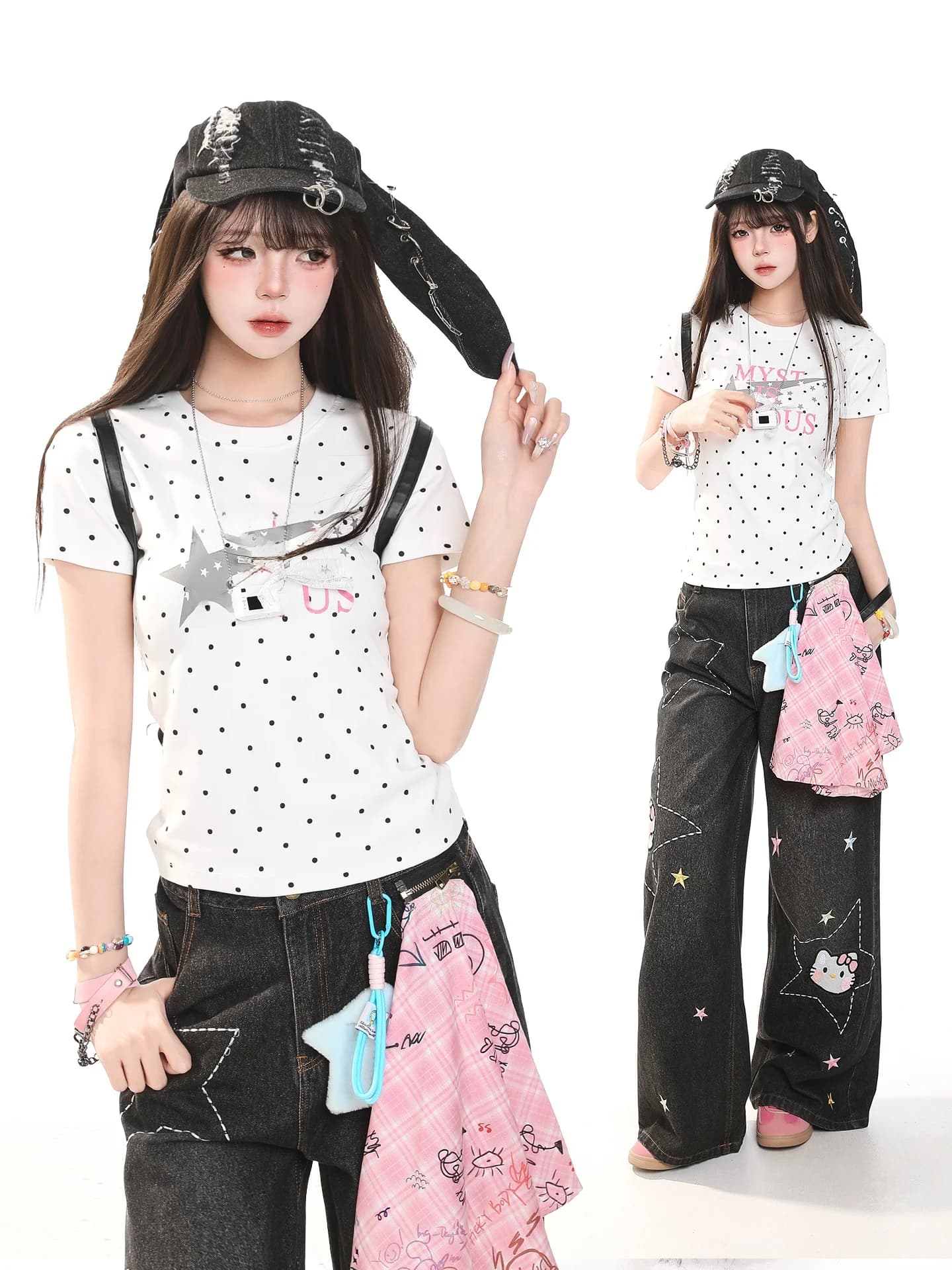 American Letter Print Polka Dot Short Sleeve T-Shirt Women's Summer New Casual Slimming Anti-aging round Neck Top