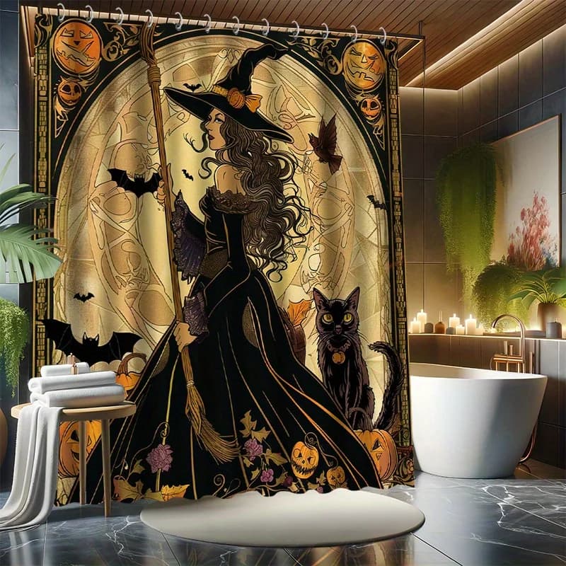 Set tenda da doccia strega di Halloween: simpatico gatto e strega, poliestere resistente all'acqua, lavabile in lavatrice, per tutte le stagioni, arredamento moderno