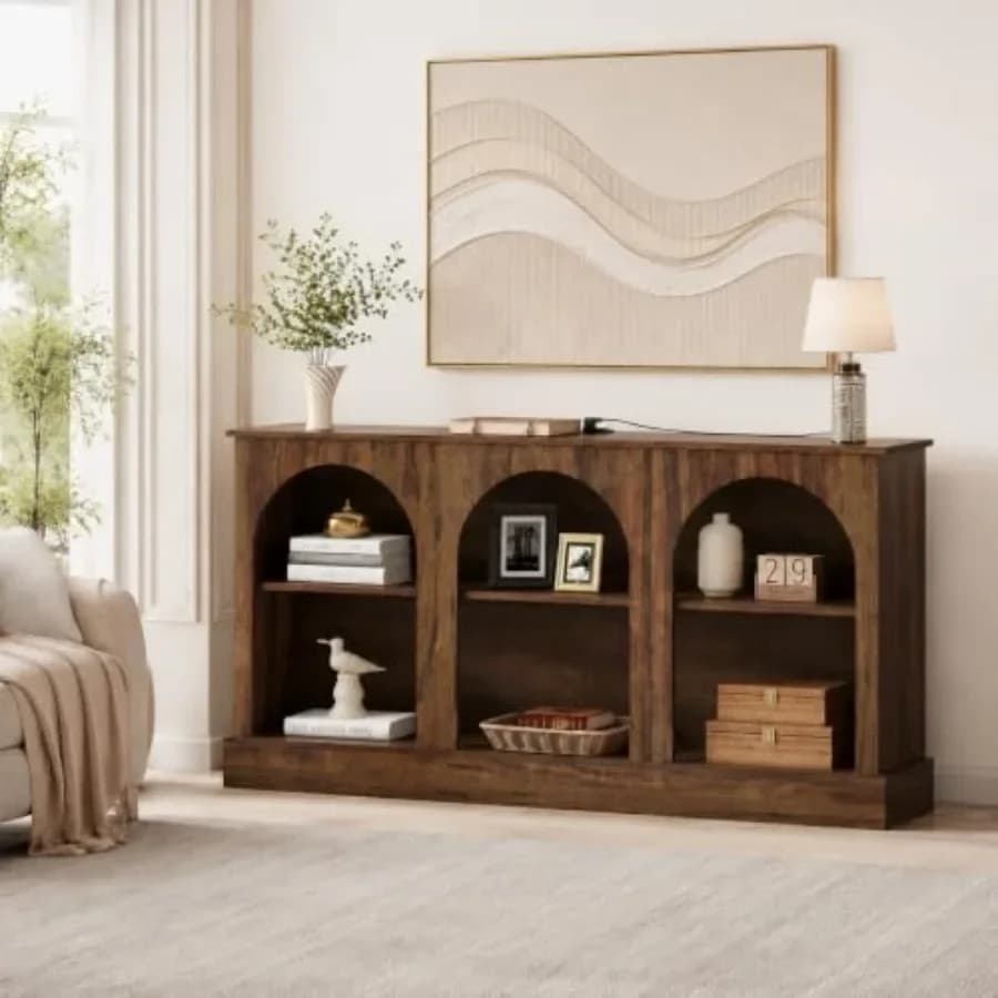 63 Arched Farmhouse TV Stand Entertainment Center for Living Room, Brown Wood, Power Outlets Cable Management