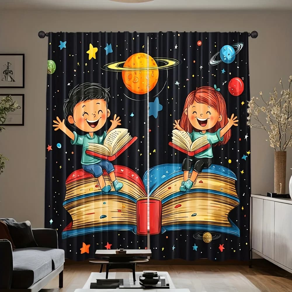 3D Kids Reading Books in Space Blackout Curtains -Cartoon Boy and Girl on Giant Books with Planets and Stars Print Window Drapes