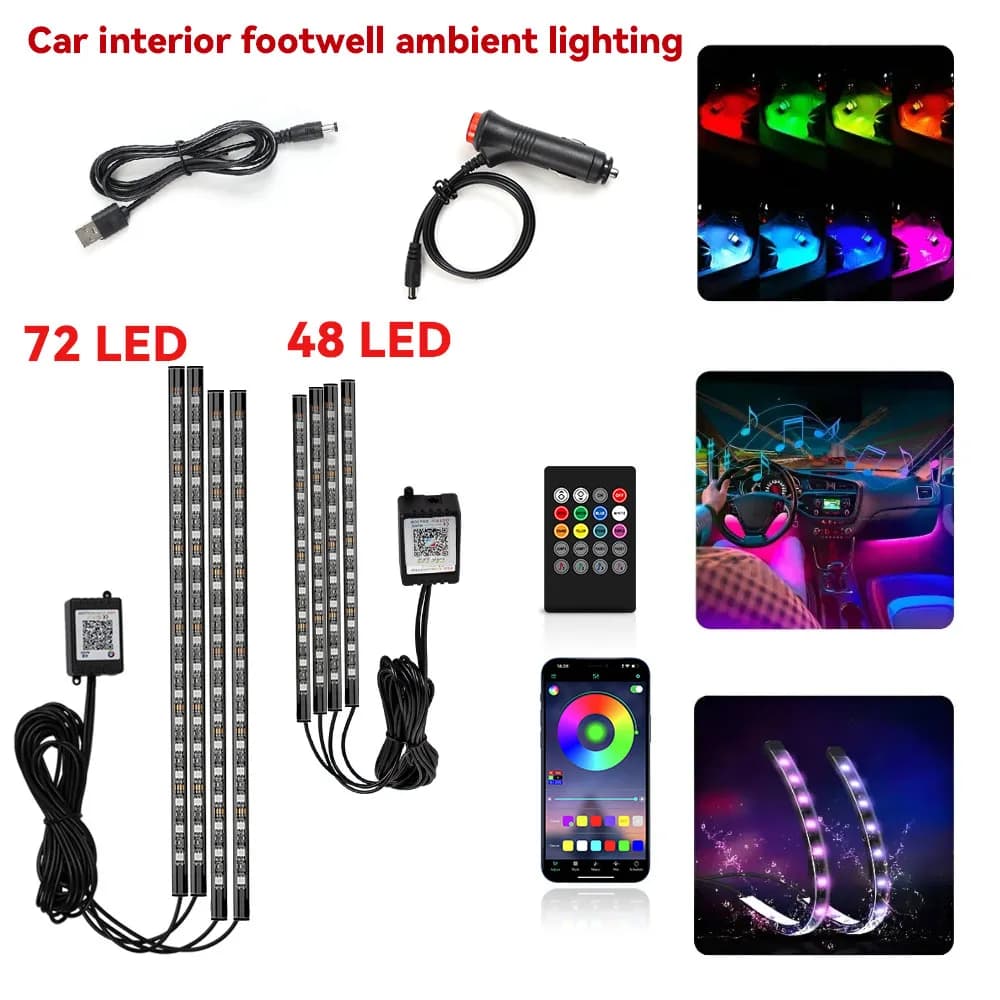 Universal Auto Neon RGB Atmosphere Foot Light 48 72 LED APP & Wireless Remote Control