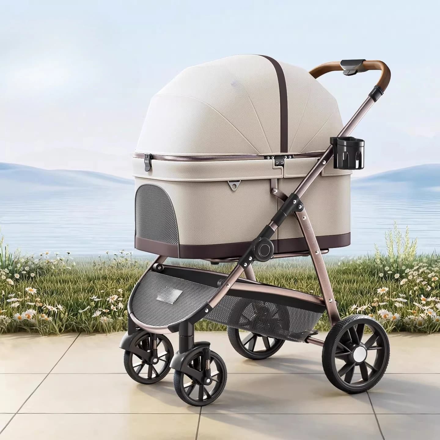 Foldable Lightweight Pet Stroller for Medium Large Cats Dogs Detachable Universal Outdoor Carrier Cart