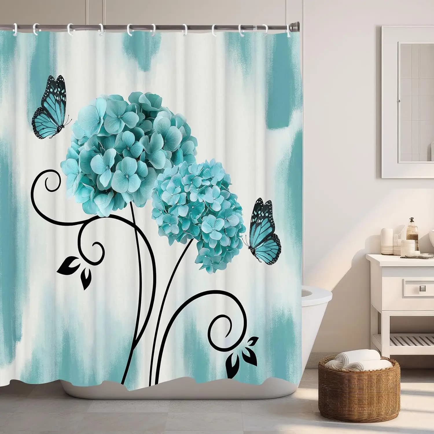 Tenda da doccia floreale con ortensia blu acqua, decorazione da bagno botanica Boho impermeabile per spazio di bagno moderno in stile fattoria