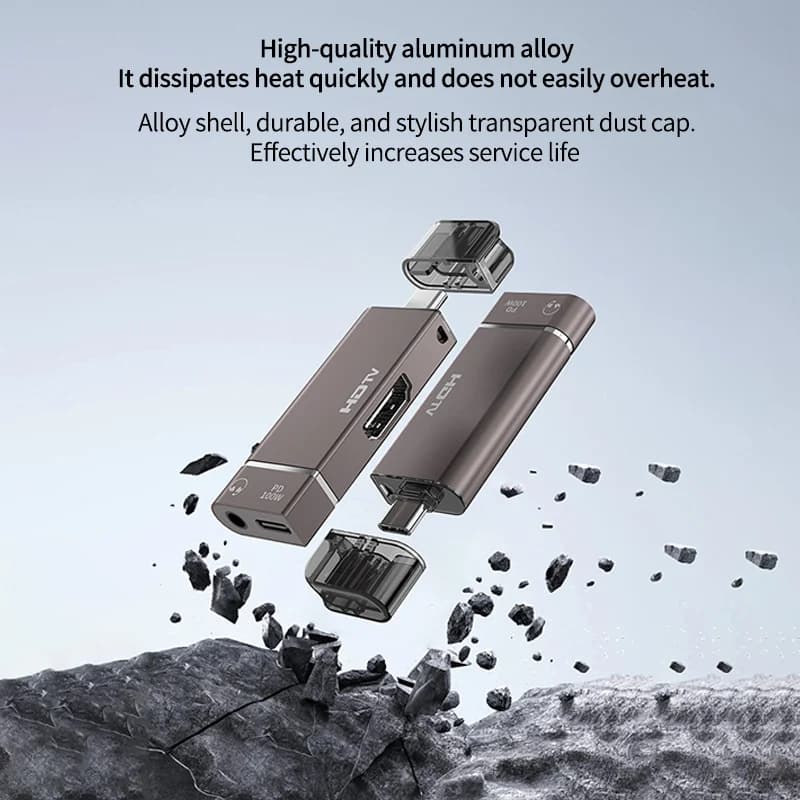 Adattatore Dock USB-C 3in1 PD 100w per Ricarica Rapida con Uscita HDMI, Jack per Cuffie 3.5mm, Disco Rigido Portatile e Mirroring dello Schermo ad Alta Definizione
