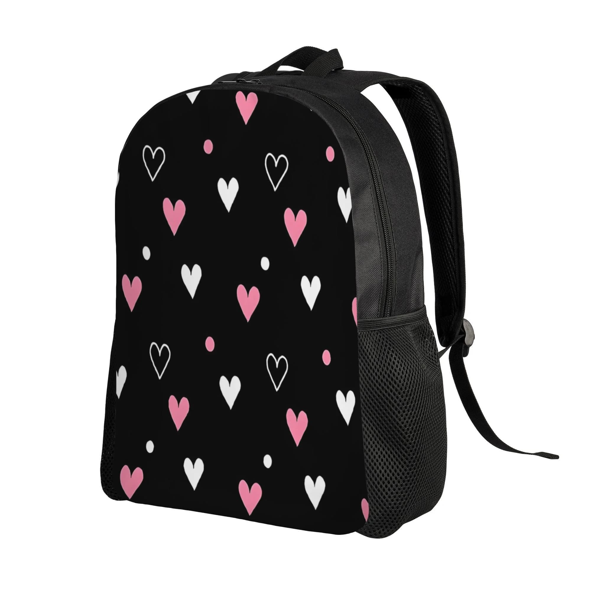 High capacity school backpack, suitable for girls and boys - black with pink and white hearts, fashionable and durable